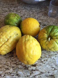 Several large, bumpy lemons and limes on a granite countertop.