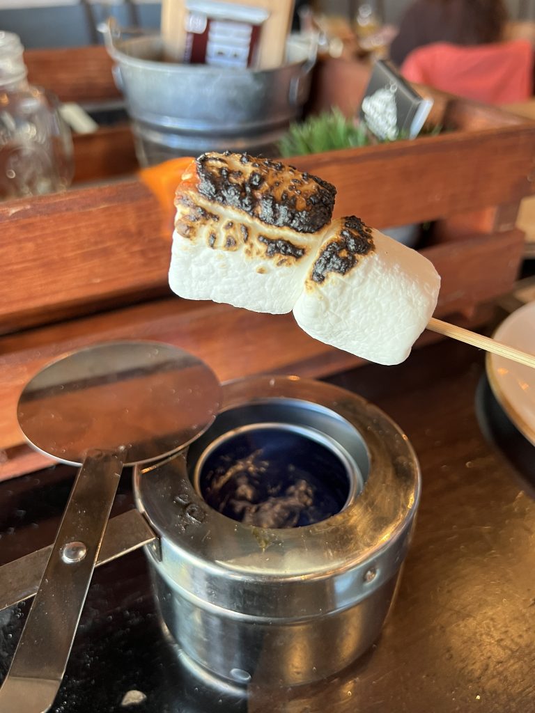 Toasted marshmallows on a skewer above a small metal burner.