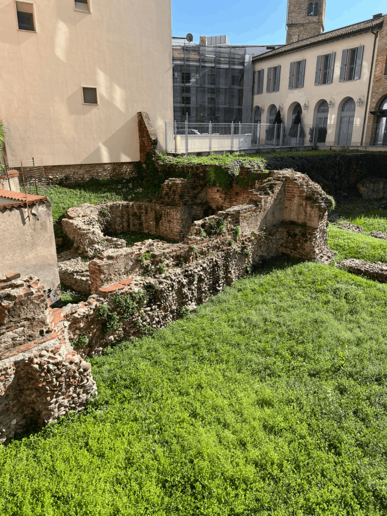 Ancient stone ruins with green grass, surrounded by modern buildings.