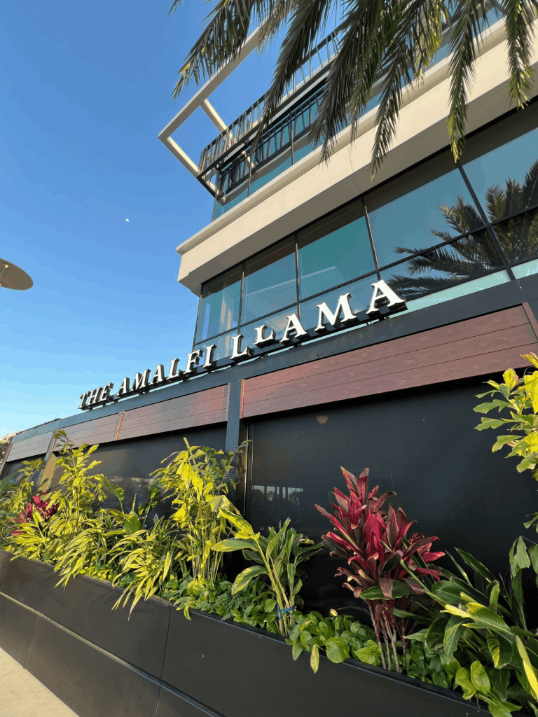 Modern building exterior with a sign reading "THE AMALFI LLAMA," accompanied by lush green and red plants in planters.