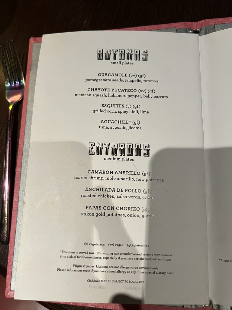 A menu showing small plates: Guacamole, Chayote Yucateco, Esquites, Aguachile; and medium plates: Camarón Amarillo, Enchilada de Pollo, Papas con Chorizo. Vegetarian, vegan, and gluten-free options are noted.