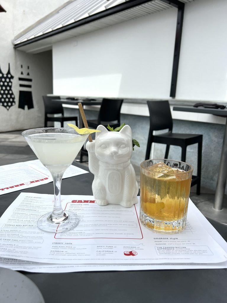 Three beverages on a table with menus, including a martini, a drink in a cat-shaped vessel, and a whiskey in a glass, with a modern outdoor restaurant setting.