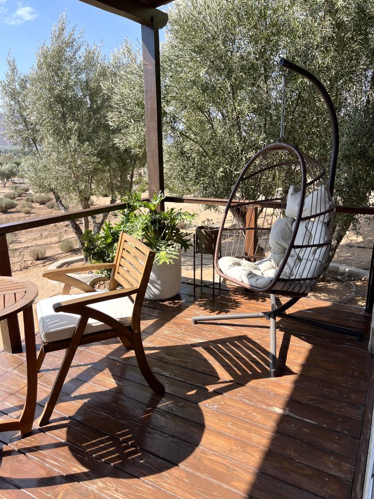 A wooden deck with a hanging egg chair and a wooden chair beside a small table, surrounded by potted plants and trees in a sunny setting.
