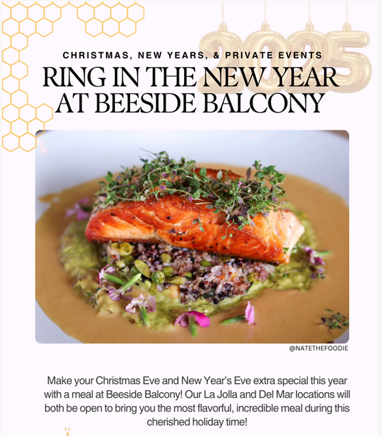 Roasted salmon on a bed of quinoa with green sauce and garnished with herbs and flowers, promoting Beeside Balcony's holiday dining events.