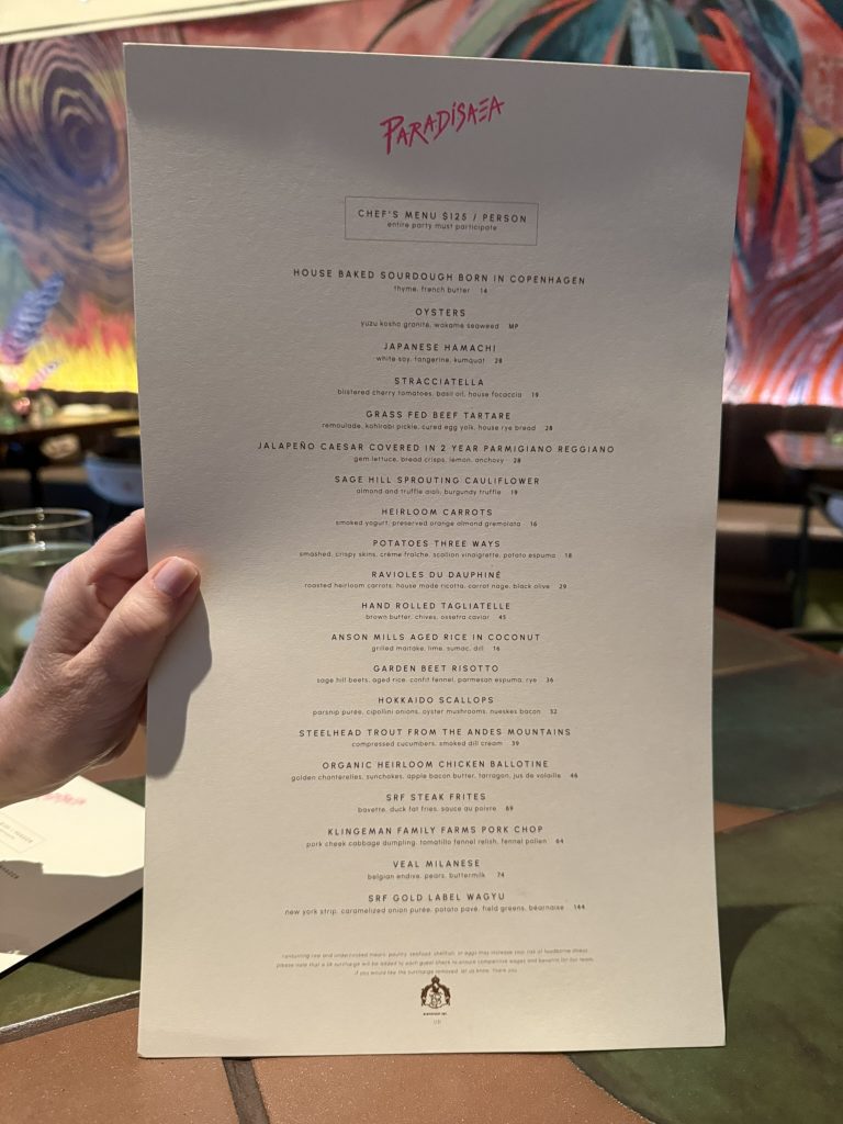 Paradisaea Restaurant menu